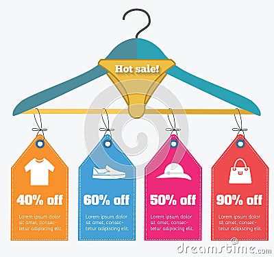 Hot sale conceptual illustration with shopping clothes tags and discounts Vector Illustration