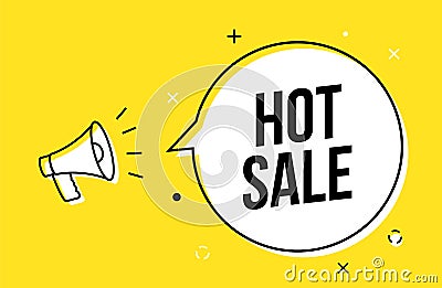 Hot sale megaphone yellow background discount promotion vector banner illustration. Hot sale shopping concept template. Vector Illustration