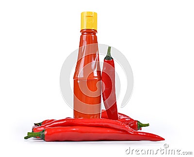 Hot sauce in bottle with Red chili pepper Stock Photo