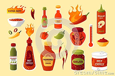 Hot sauce. Cartoon spicy chilli and pepper seasoning. Burning taste Thai cuisine. Mexican cayenne salsa bottles. Fiery meal Vector Illustration