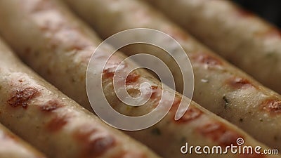 Hot Sausages Weisswurst on Grill Pan. Stock Photo