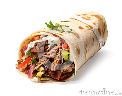 Hot Shawarma in lavash isolated on white background, fast food and snacks concept, realistic design illustration, generative ai Cartoon Illustration