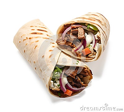 Hot Shawarma in lavash isolated on white background, fast food and snacks concept, realistic design illustration, generative ai Cartoon Illustration