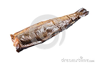 Hot smoked rainbow river trout headless. Isolated on white background. Stock Photo