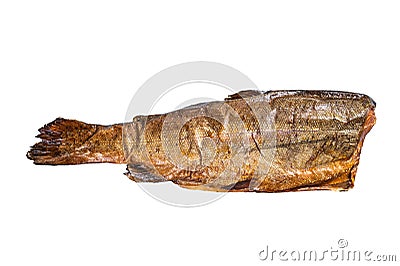 Hot smoked rainbow river trout headless. Isolated on white background. Stock Photo