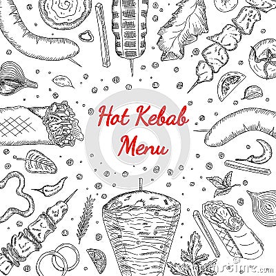 Hot spicy doner kebab menu design. Shawarma and meat on skewer, grilled vegetables, sausage. Summer street healthy food, chicken Vector Illustration