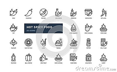 hot spicy food traditional chili fire flame burn kitchen menu dish detailed line icon set Vector Illustration