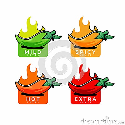 Hot spicy level labels of vector jalapeno, chili, cayenne peppers with fire flames. Vector Illustration