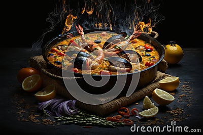 Hot spicy Paella, national Spanish dish of rice and seafood in frying pan. Cartoon Illustration