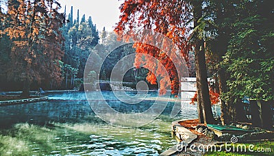 Hot spring autumn pond Garda lake thermal park Stock Photo