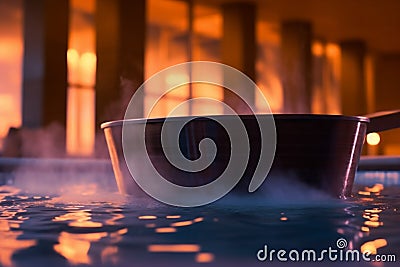 Hot spring bathing bathroom, pink and blue light color decoration interior. Welness center. AI Generative Stock Photo