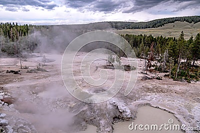 Hot spring and geiser in yellowstone national par Stock Photo