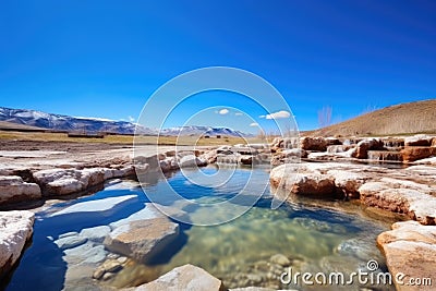 hot spring nestled between brown stones under a blue sky Stock Photo