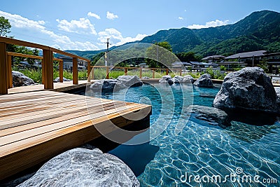 A hot spring with wooden bridges connecting multiple pools, each offering a different temperature and view Stock Photo