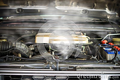 Hot steam coming out of Radiator, Car engine over heat Stock Photo