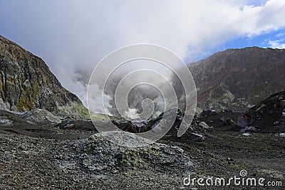 Hot steam escaping from vents on White Island, New Zealand`s most active cone volcano Stock Photo