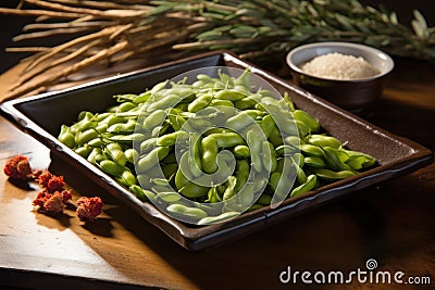 hot, steamed edamame arranged on rustic serving tray Stock Photo