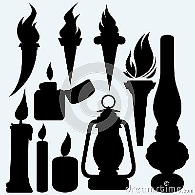 Hot stuff: candle, flaming torches, kerosene lamp and metal zippo lighter Vector Illustration