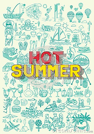Hot summer activities doodles like fishing, beach valley ball, BBQ party, hot air balloon fiesta divingcyclingmusic Vector Illustration