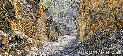 Abandoned curvy forest railroad track between limestone rocky pass Stock Photo