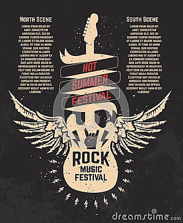 Hot summer festival. Guitare with wings. Rock music festival. De Vector Illustration