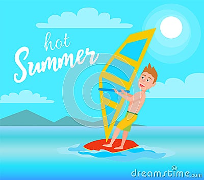 Hot Summer Poster Windsurfing Sport Activity Vector Vector Illustration