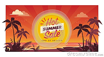 Hot summer sale promotional banner with tropical beach Vector Illustration
