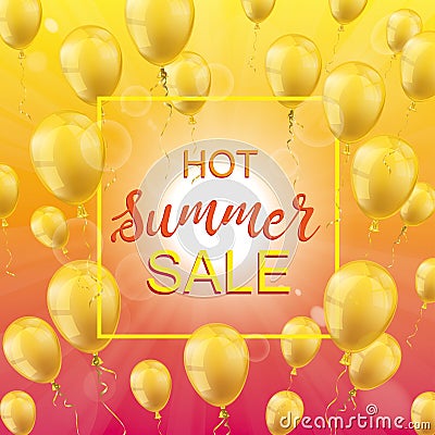 Hot Summer Sale Sun Golden Balloons Frame Vector Illustration