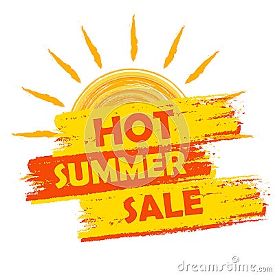 Hot summer sale with sun sign, yellow and orange drawn label Stock Photo