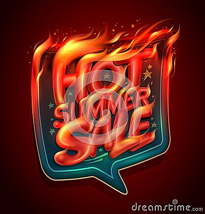 Hot summer sale, vector banner design with burning letters Vector Illustration