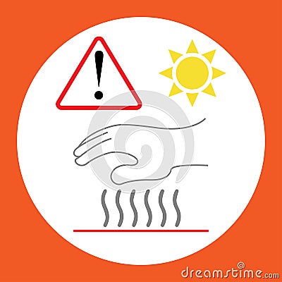 Hot surface symbol with hand and sun and hazard warning attention sign Stock Photo