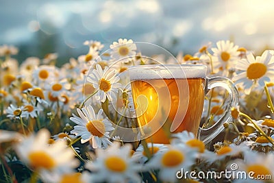 Hot tea with chamomile on field, tranquil summer panorama Stock Photo