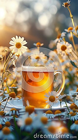 Hot tea with chamomile on field, tranquil summer panorama Stock Photo