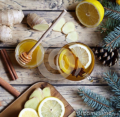 Hot tea with lemon, honey, ginger and anise. Healthy drink. winter beverage concept. Stock Photo