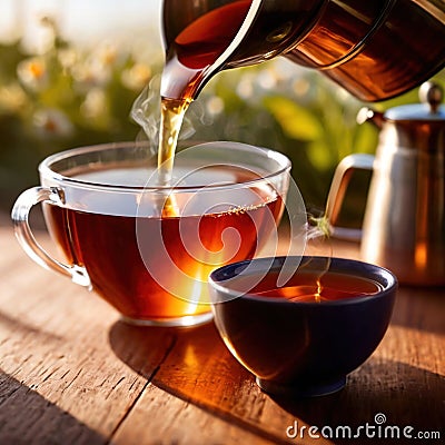 Hot tea is poured into a bowl of herbal tea in a serene, bright morning setting Stock Photo