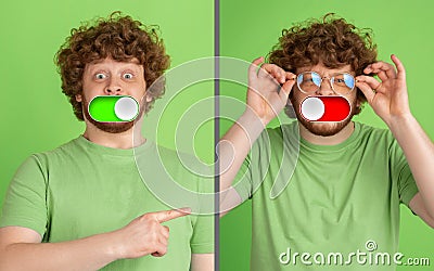 Mood switch on male face. Happy and angry, splitting personality. Modern interface and human emotions Stock Photo
