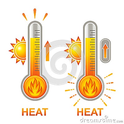 Hot thermometer with fire flame, high heat temperature, extreme overheating icon. Warm summer. Glass mercury bulb with sun Vector, Vector Illustration