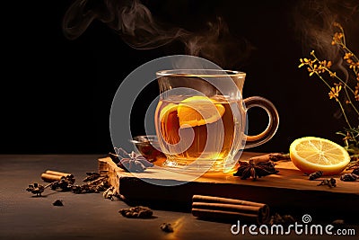 Hot toddy - hot whiskey with lemon, honey and spices. On a dark background. Stock Photo