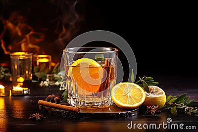 Hot toddy - hot whiskey with lemon, honey and spices. On a dark background. Stock Photo
