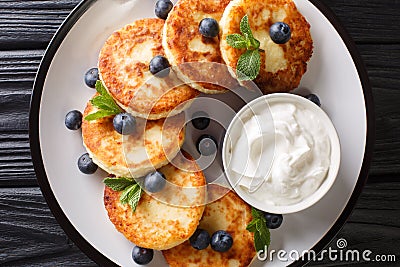 Hot traditional syrniki with blueberries, mint and sour cream closeup in a plate. Horizontal top view Stock Photo