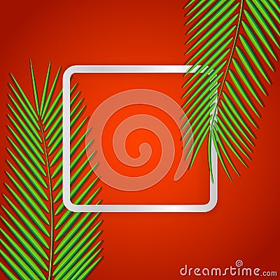 Hot Vacation Card. Green Tropical Paper Leaves on a Square Light Vector Illustration