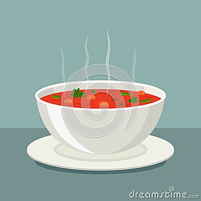 Hot vegetable soup in white dishes. vector Cartoon Illustration