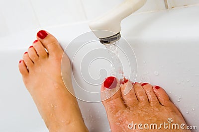 Hot water of bath faucet Stock Photo