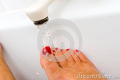 Hot water of bath faucet Stock Photo