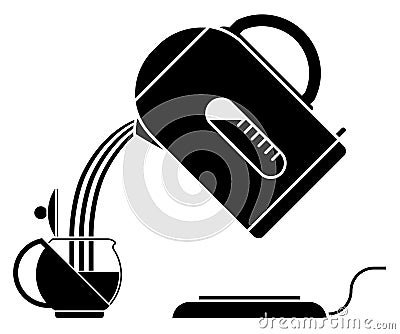Hot water from electric kettle is poured into tea brewing vessel. Preparing hot, invigorating drink. Black and white vector Vector Illustration