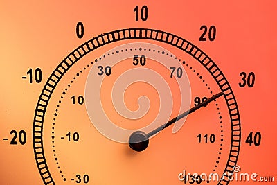 Hot weather concept. Face of needle thermometer with high temperature. Scale in Celsius and Fahrenheit. Burning fired color Stock Photo