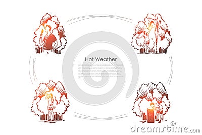 Hot weather- people eating ice cream, playing with fountain, drinking much water on summer vector concept set Vector Illustration