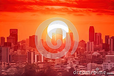 Hot Weather Red Sun Against City Background for Global Warming Concept Created with Generative AI Technology Stock Photo