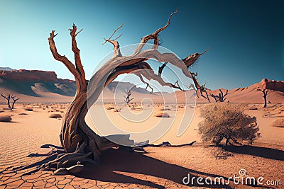 Hot weather in summer, cracked and broken the soil in agricultural areas. There is a drought and death of trees and plants. All Cartoon Illustration