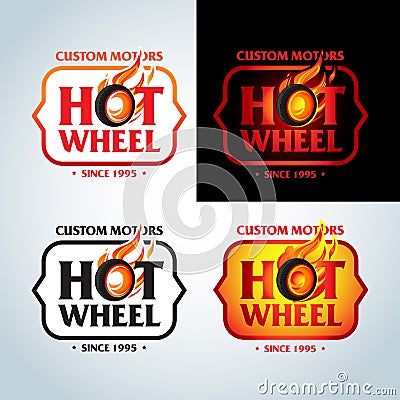 Hot Wheel in Fire flame Vintage Logo design vector template. Car Logotype. T-shirt design. Concept icon for race. Vector Illustration